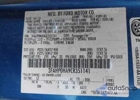 2012 Ford Fusion Se from USA, damaged, VIN 3FAHP0HA9CR351141